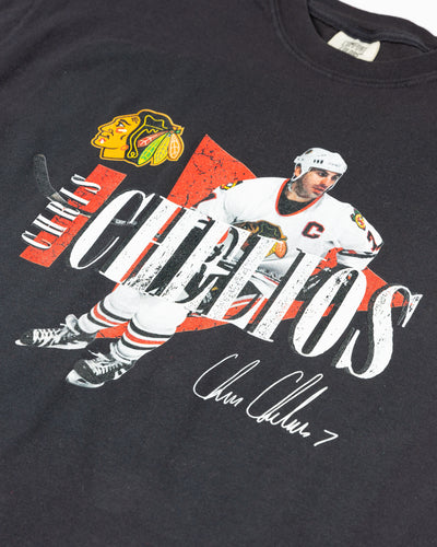 black Chicago Blackhawks short sleeve tee with vintage inspired Chris Chelios retirement graphic - front detail lay flat