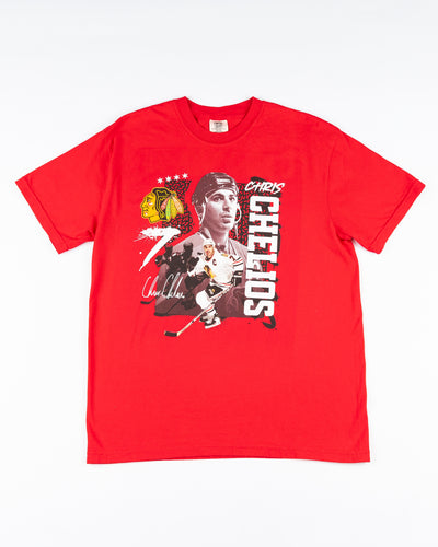 red Chicago Blackhawks tee with Chris Chelios retirement 90s inspired graphic - front lay flat 