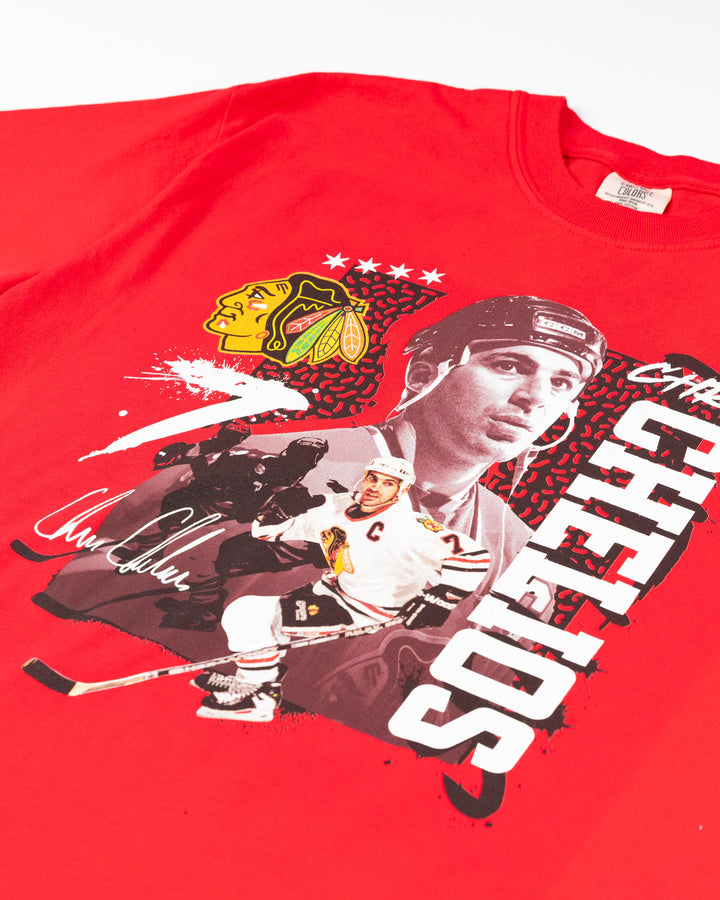 red Chicago Blackhawks tee with Chris Chelios retirement 90s inspired graphic - detail front lay flat 