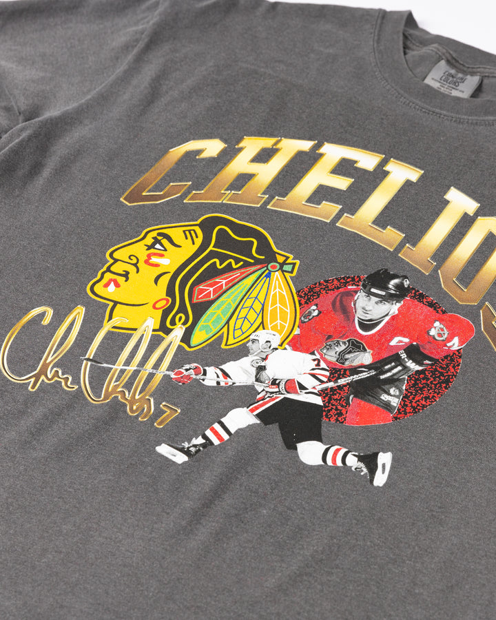 grey Chicago Blackhawks short sleeve tee with Chris Chelios vintage retirement graphic across front - front detail lay flat