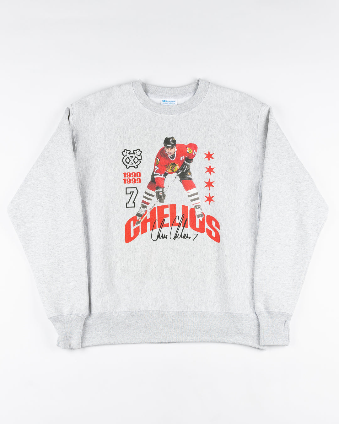 Champion ash grey crewneck with Chicago Blackhawks Chris Chelios retirement vintage inspired design - front lay flat