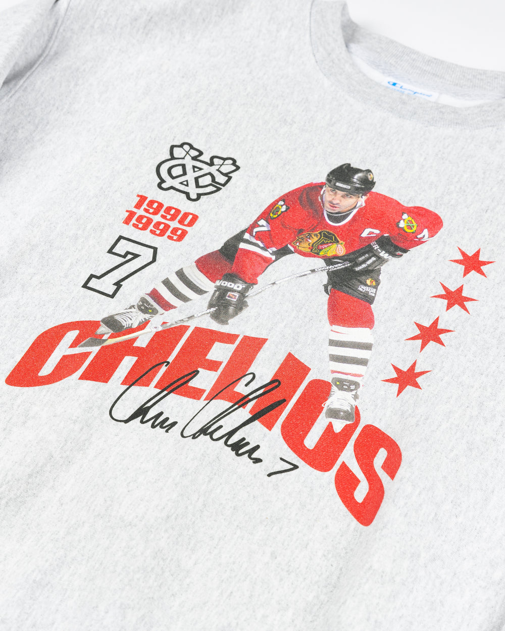 Champion ash grey crewneck with Chicago Blackhawks Chris Chelios retirement vintage inspired design - front detail lay flat