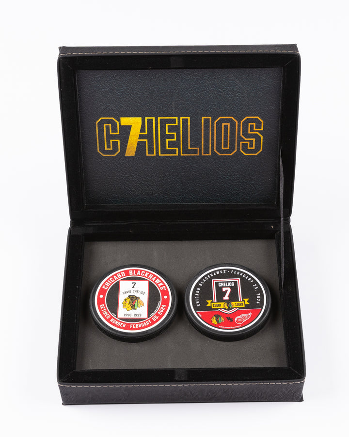 Chicago Blackhawks Chris Chelios Puck Box Set