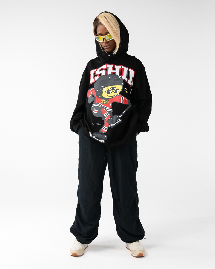 black DISHIN x Chicago Blackhawks hoodie - on female model