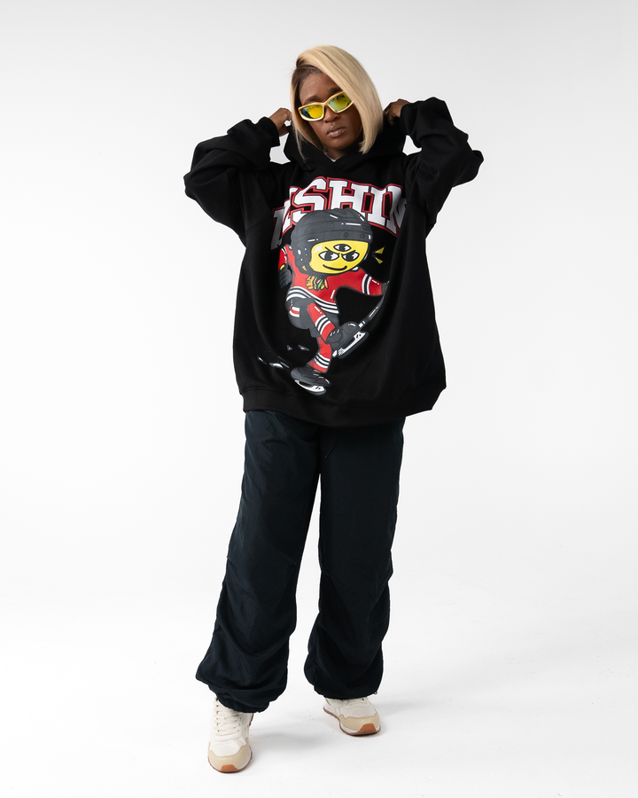 black DISHIN x Chicago Blackhawks hoodie - on female model