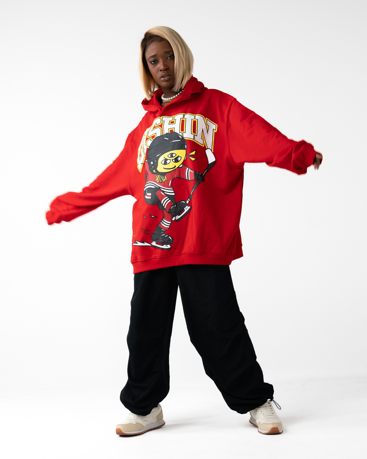 red DISHIN x Chicago Blackhawks hoodie - on female model