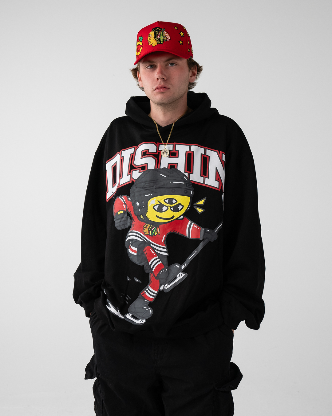 black DISHIN x Chicago Blackhawks hoodie - on male model