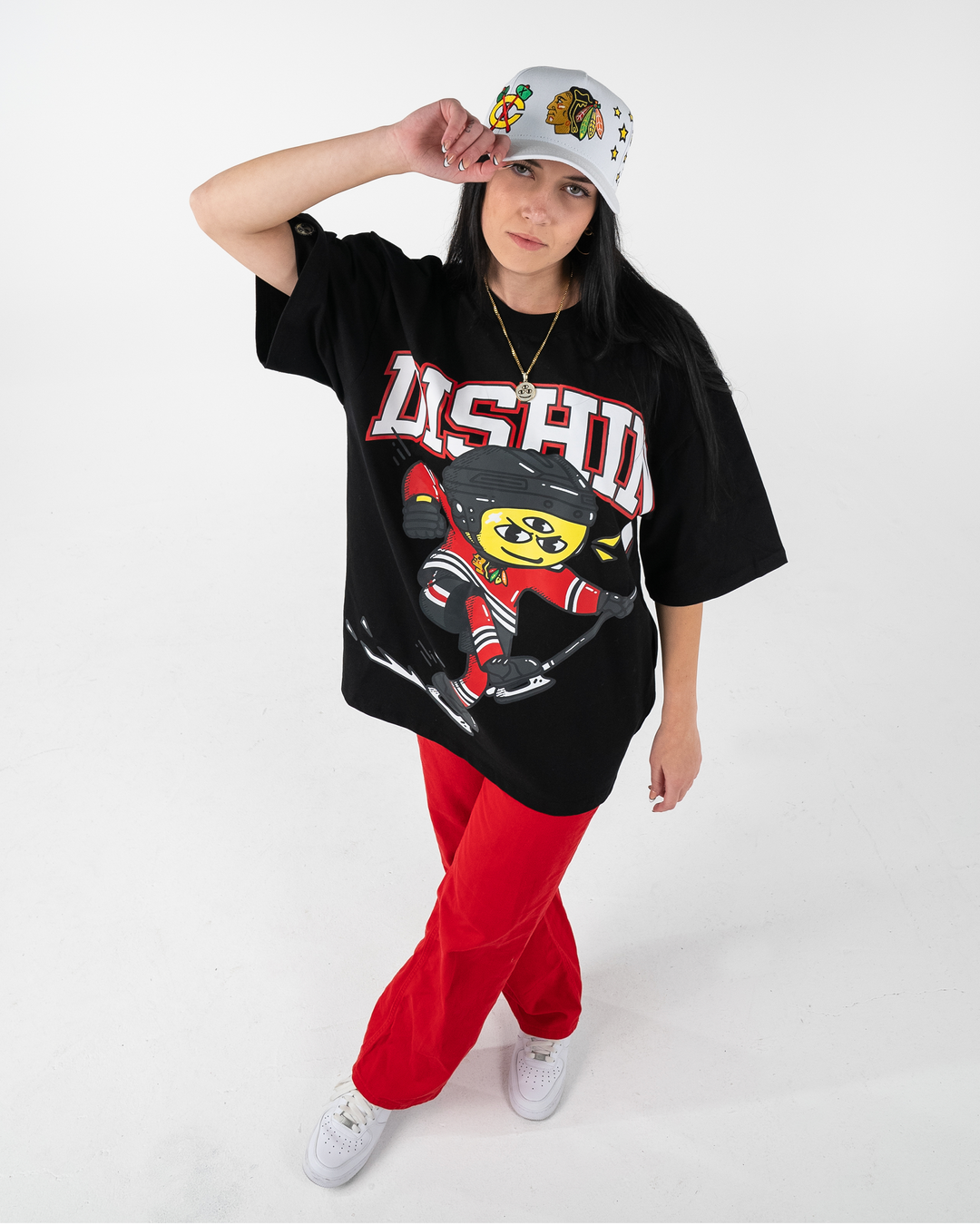 black DISHIN x Blackhawks tee - on female model