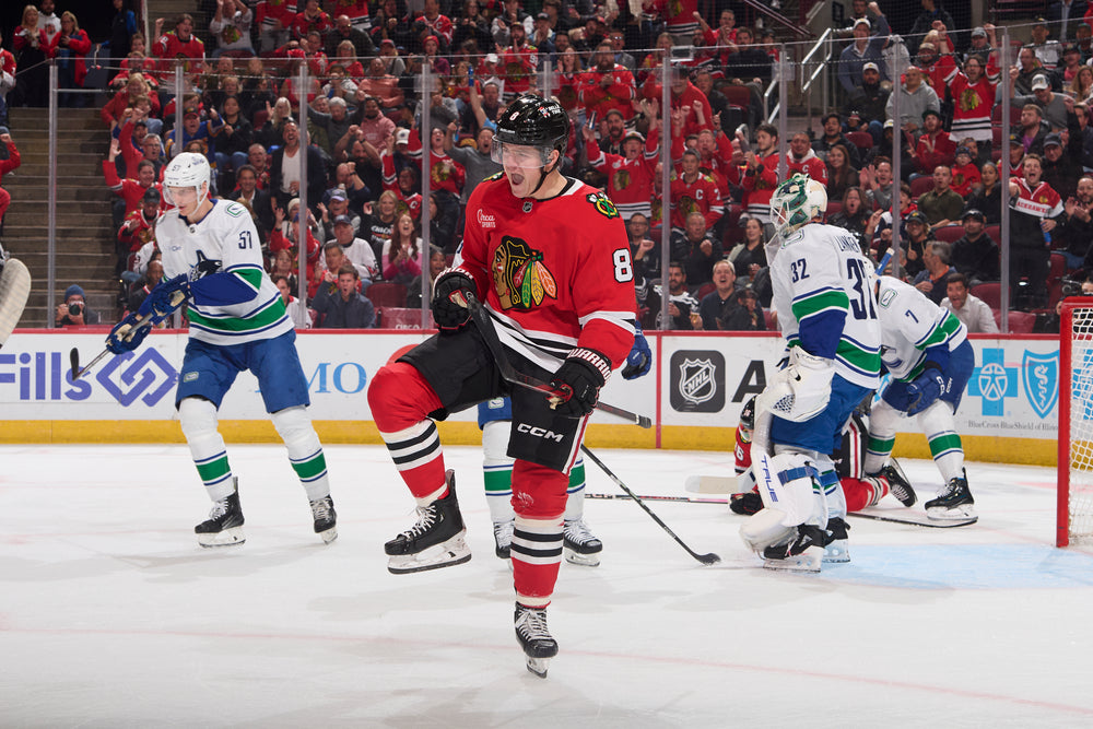 Ryan Donato celebrating goal scored on Chicago Blackhawks game on October 22, 2024