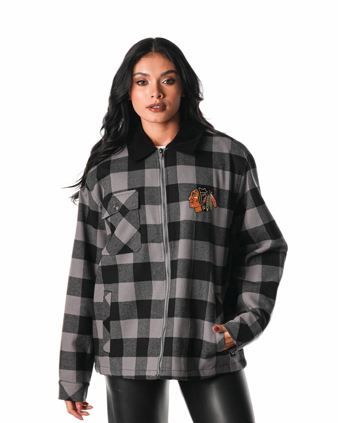 Wild Collective Chicago Blackhawks Flannel Zip Up Shacket