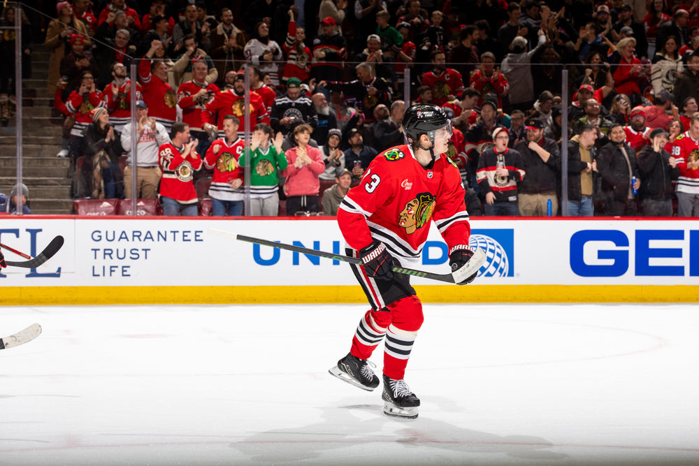 Chicago Blackhawks player Lukas Reichel celebrating goal scored against Edmonton on February 5, 2025