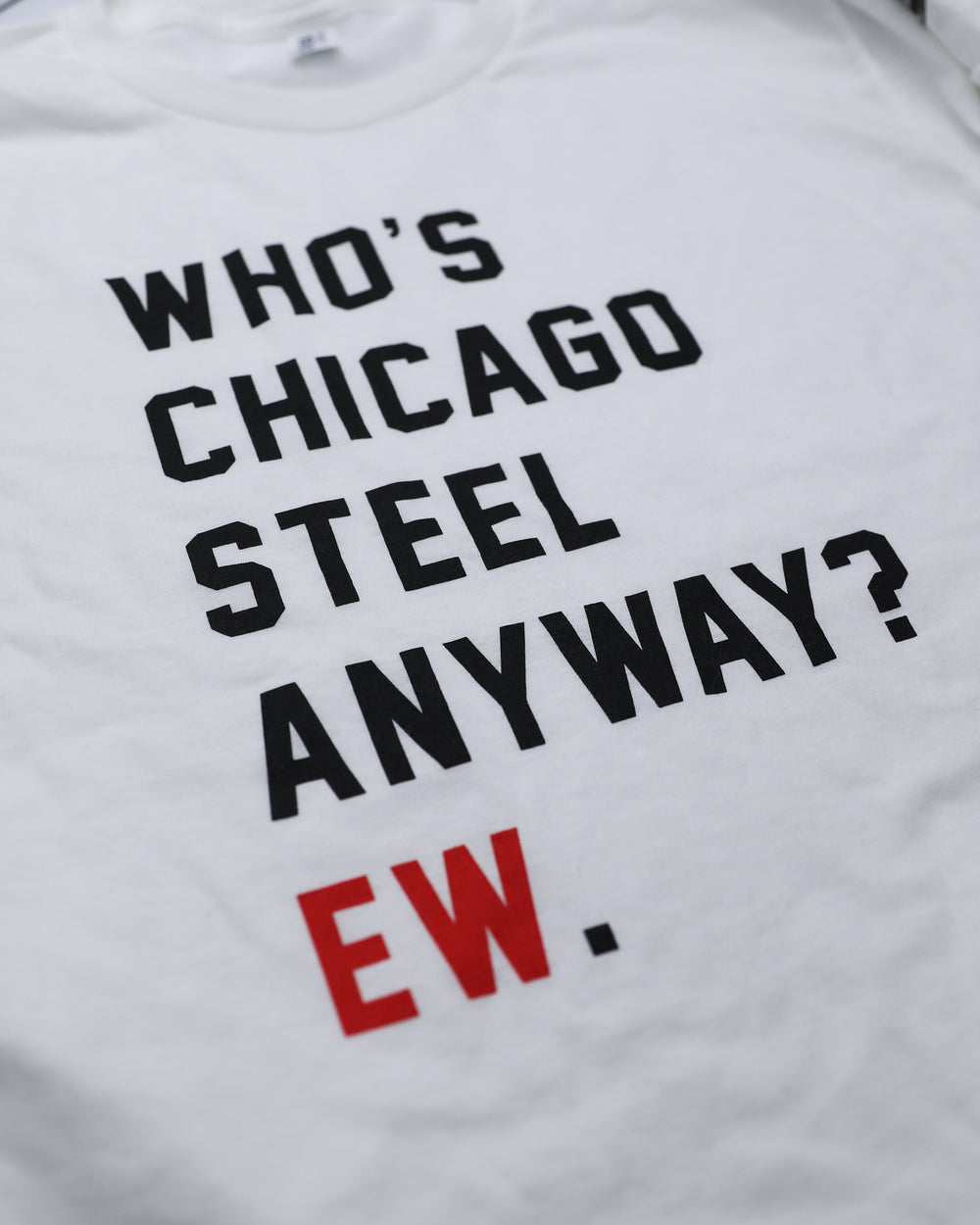 white short sleeve tee with Chicago Steel Eras inspired graphic on front and Chicago Steel logo on left shoulder - front detail lay flat