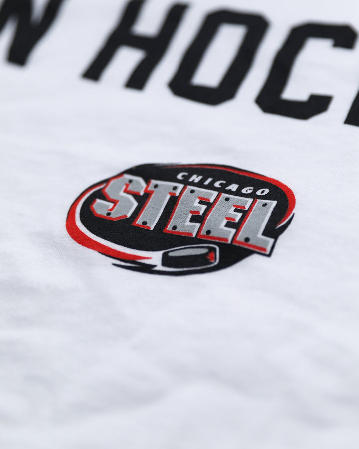 white short sleeve tee in white with Chicago Steel Eras graphic and logo across front - alt front detail lay flat