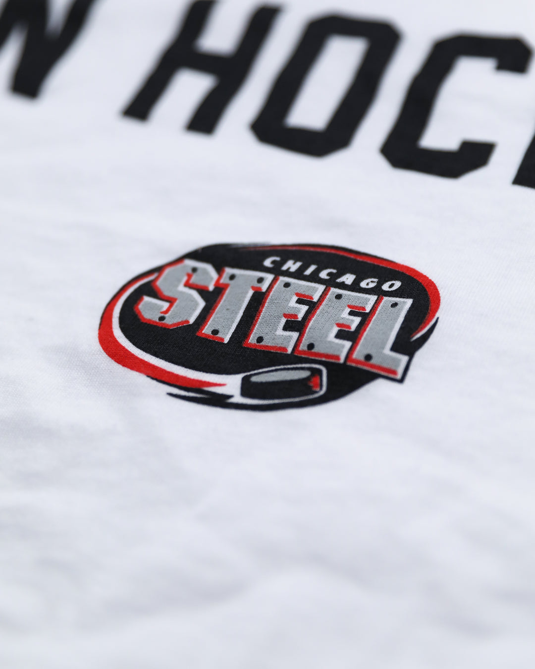 adult white short sleeve tee with Chicago Steel Eras-inspired wordmark graphic across front with Chicago Steel logo - alt front detail lay flat