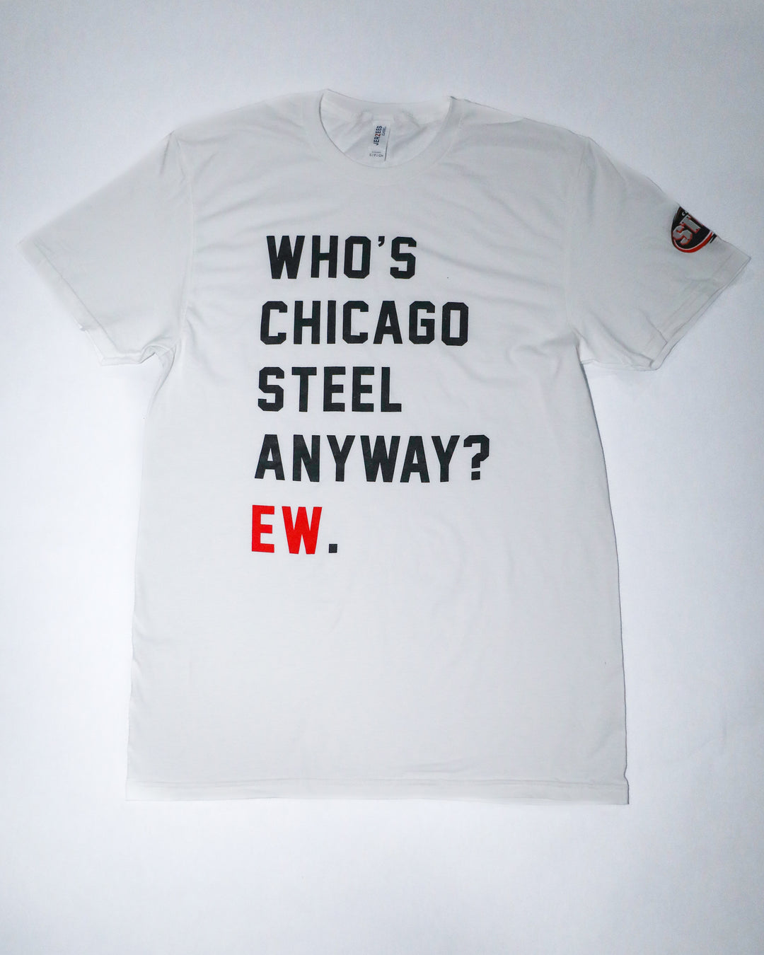 white short sleeve tee with Chicago Steel Eras inspired graphic on front and Chicago Steel logo on left shoulder - front lay flat