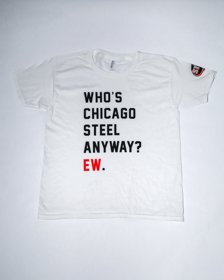 youth short sleeve tee in white with Chicago Steel logo on left shoulder and eras graphic across front - front lay flat