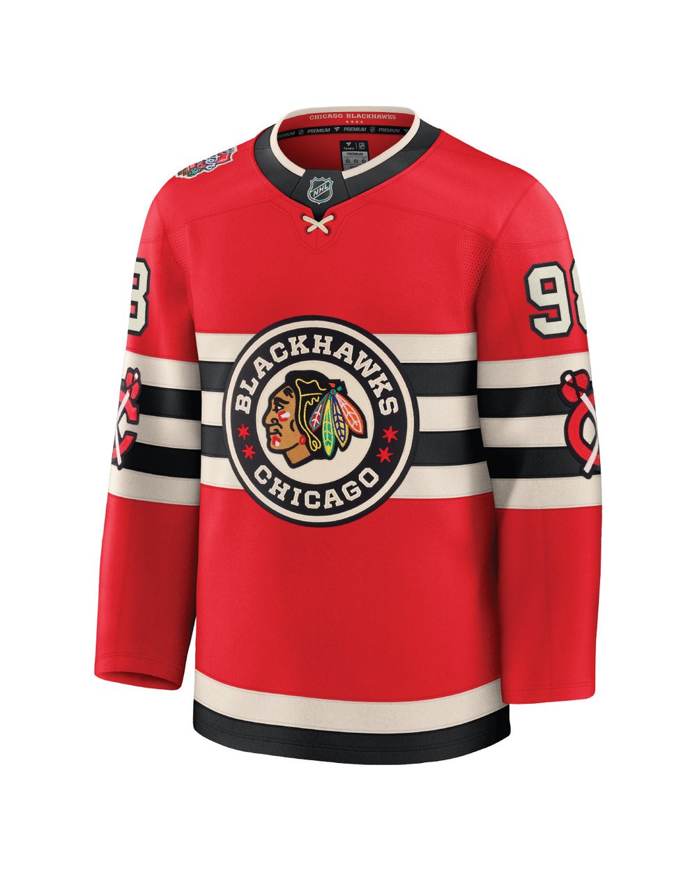 red Fanatics Premium Connor Bedard hockey jersey with Chicago Blackhawks Winter Classic logo - front ghost image 