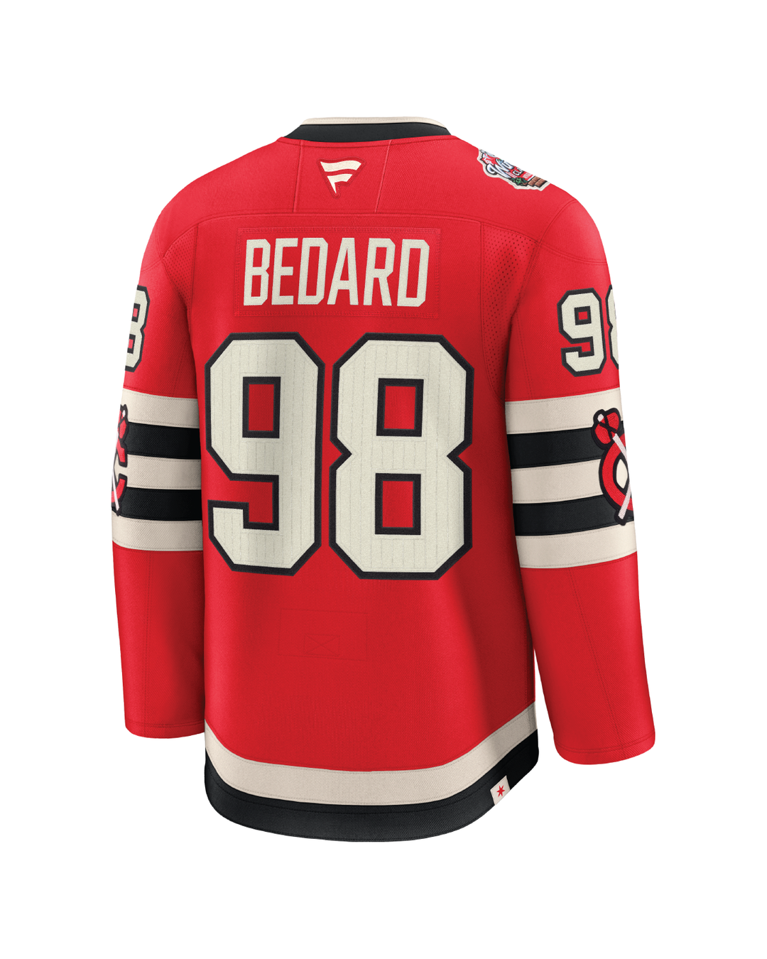 red Fanatics Premium Connor Bedard hockey jersey with Chicago Blackhawks Winter Classic logo - back ghost image 