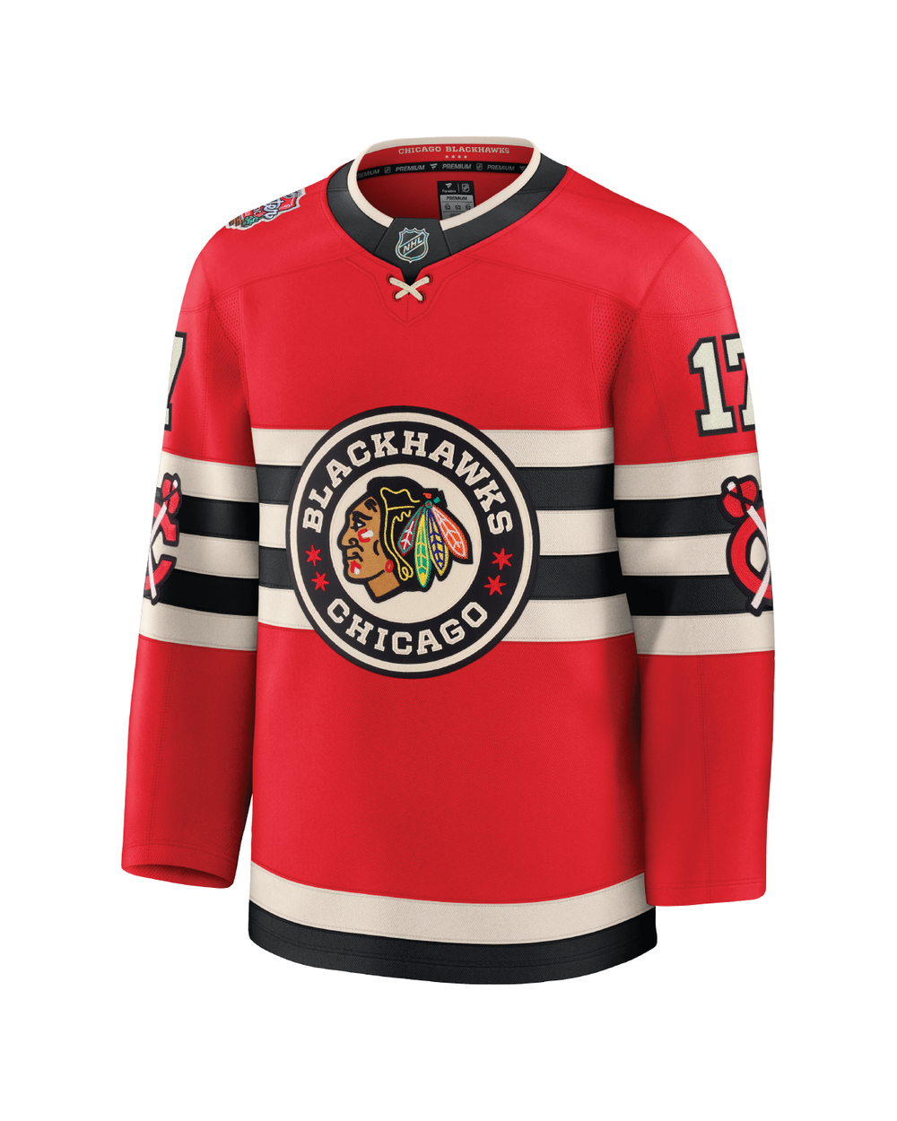 red Fanatics Premium Nick Foligno hockey jersey with Chicago Blackhawks Winter Classic logo - front ghost image 