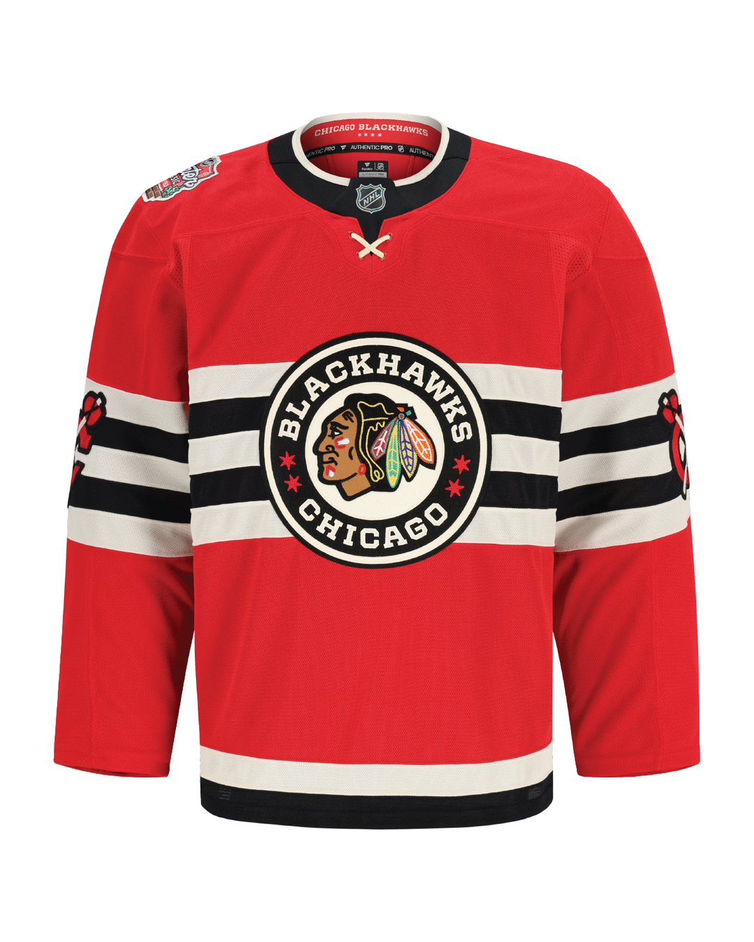 red Fanatics Authentic Pro hockey jersey with Chicago Blackhawks Winter Classic logo - front ghost image 