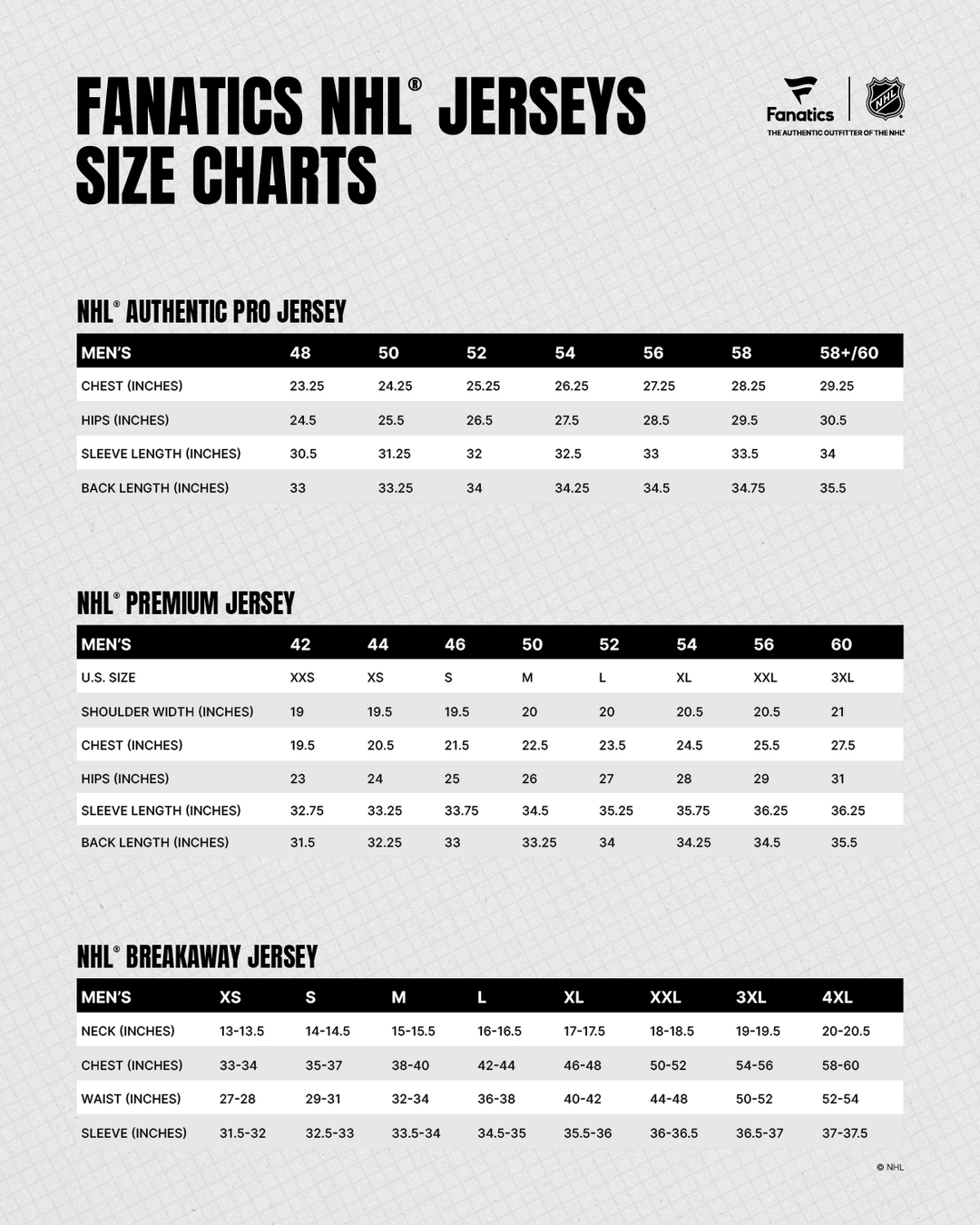 Fanatics size chart