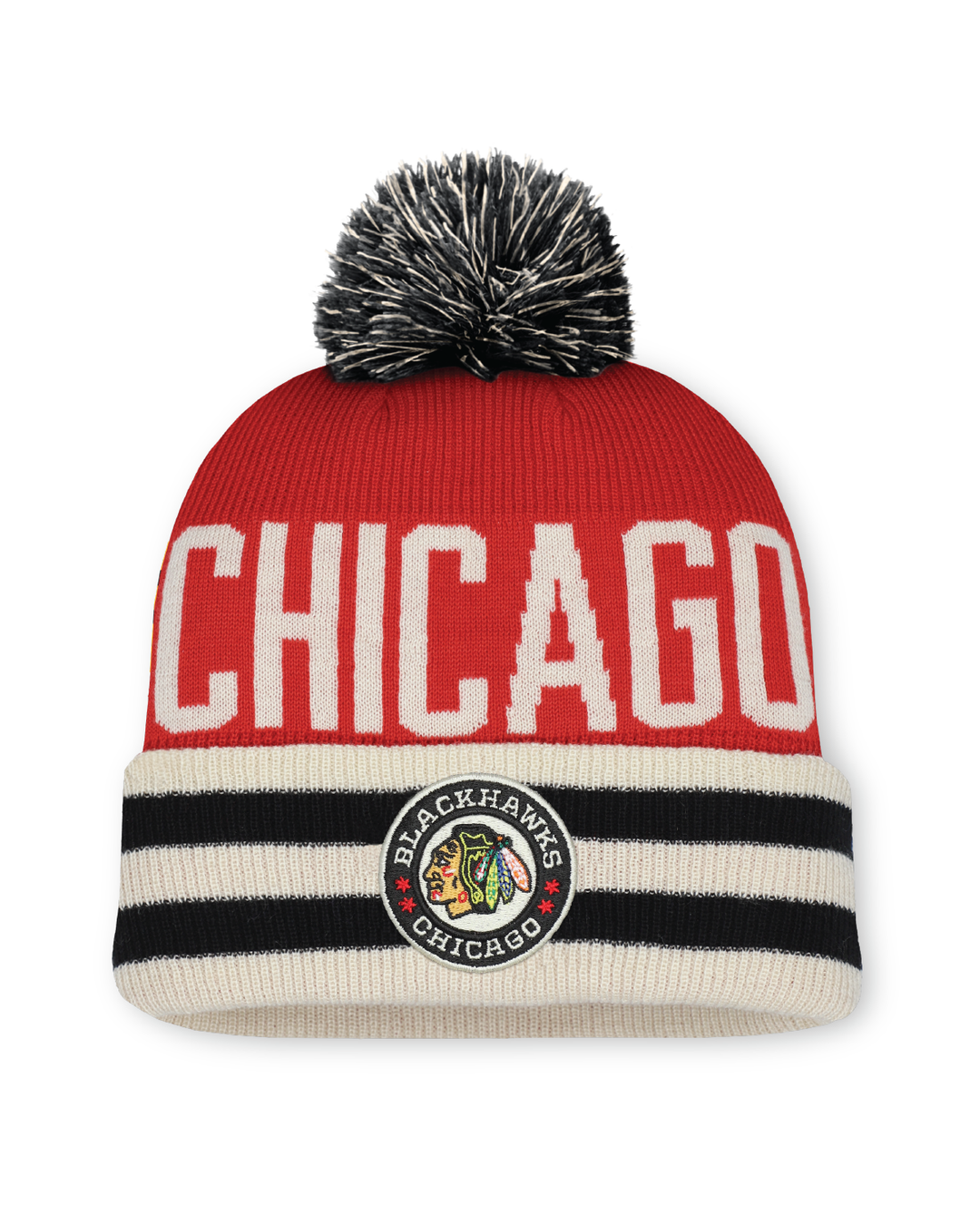 red white and black Fanatics beanie with multicolor pom and Chicago Blackhawks Winter Classic patch on front cuff - front lay flat