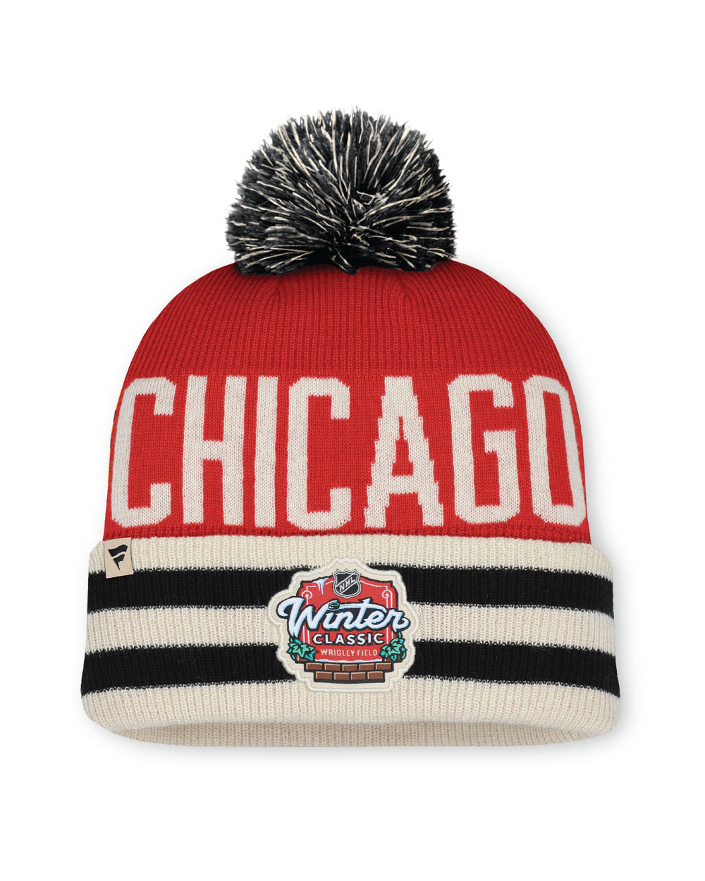 red white and black Fanatics beanie with multicolor pom and Chicago Blackhawks Winter Classic patch on front cuff - back lay flat