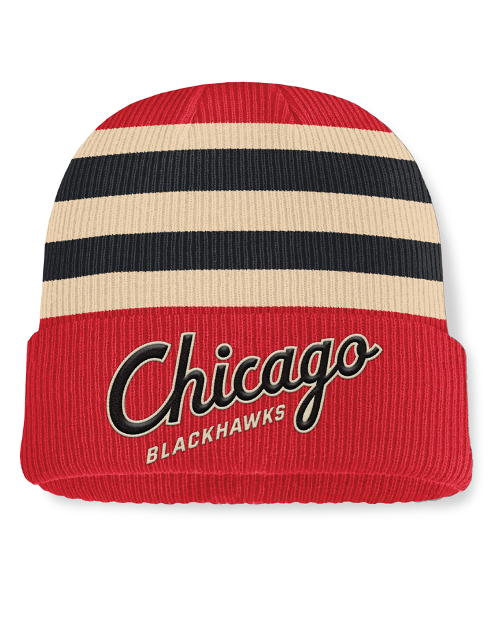 red white and black Fanatics beanie with multicolor pom and Chicago Blackhawks wordmark on front cuff - front lay flat