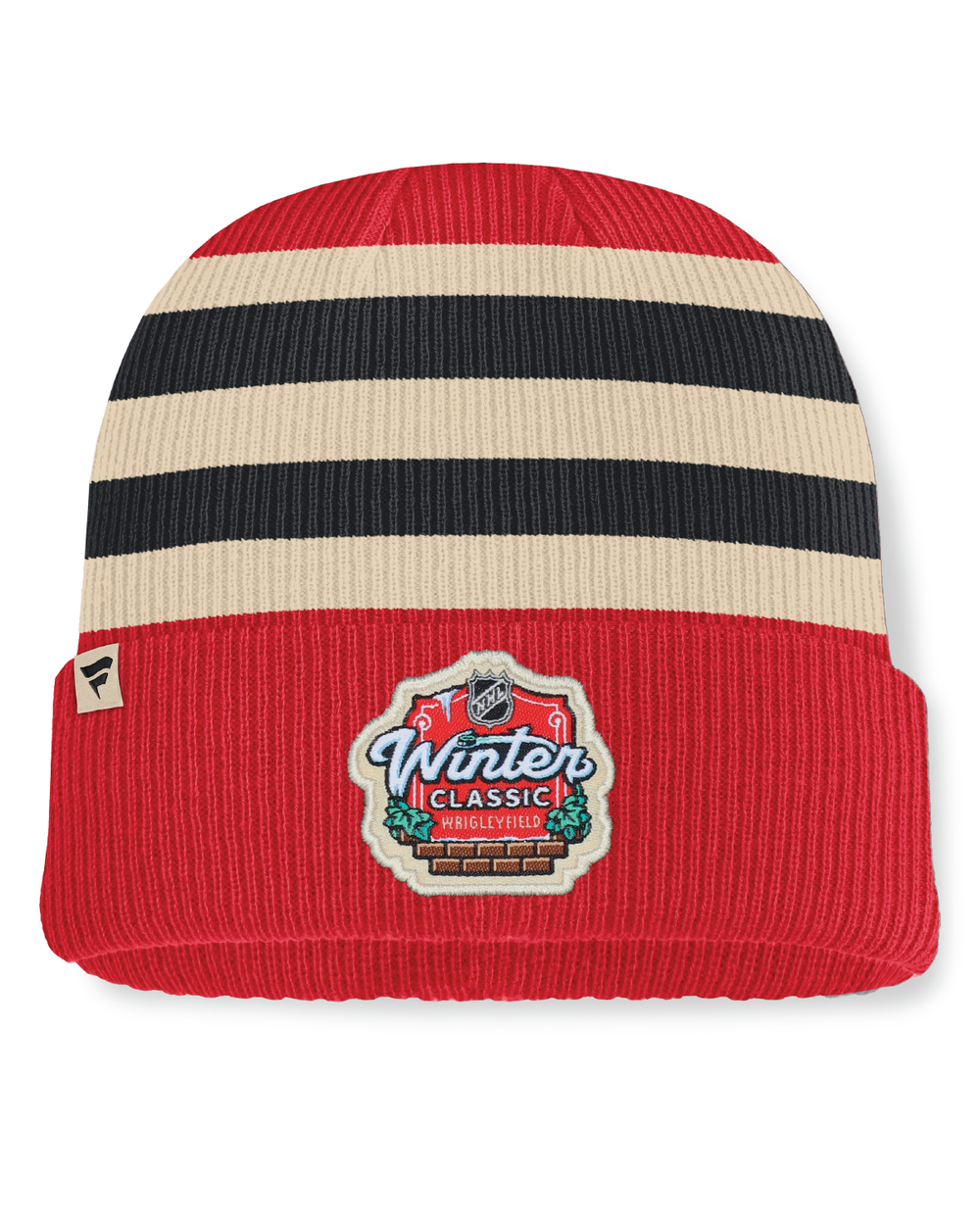 red white and black Fanatics beanie with multicolor pom and Chicago Blackhawks wordmark on front cuff - back lay flat