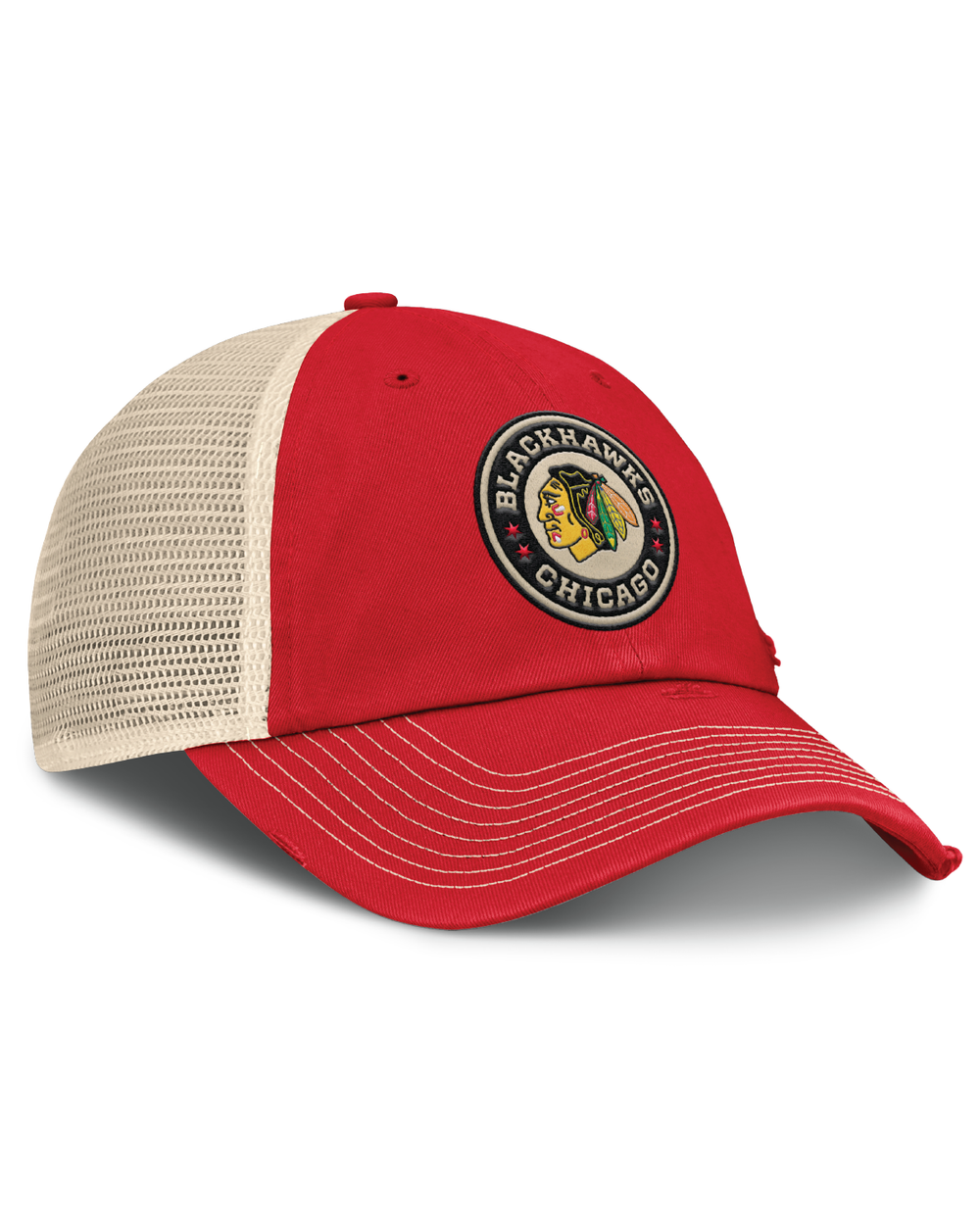 red and cream Fanatics trucker with Chicago Blackhawks Winter Classic logo on front - right angle lay flat