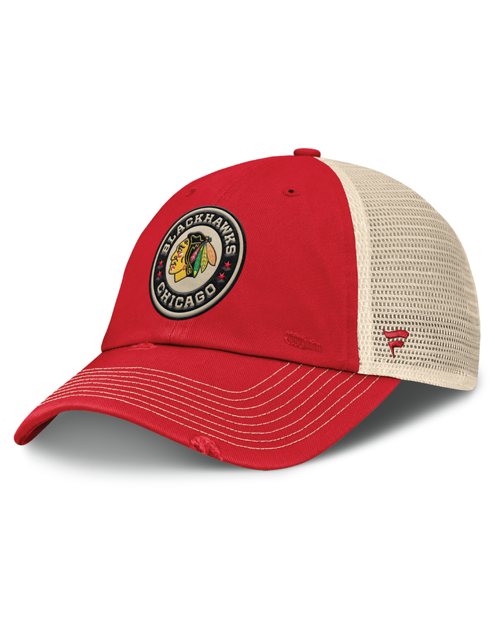 red and cream Fanatics trucker with Chicago Blackhawks Winter Classic logo on front - left angle lay flat