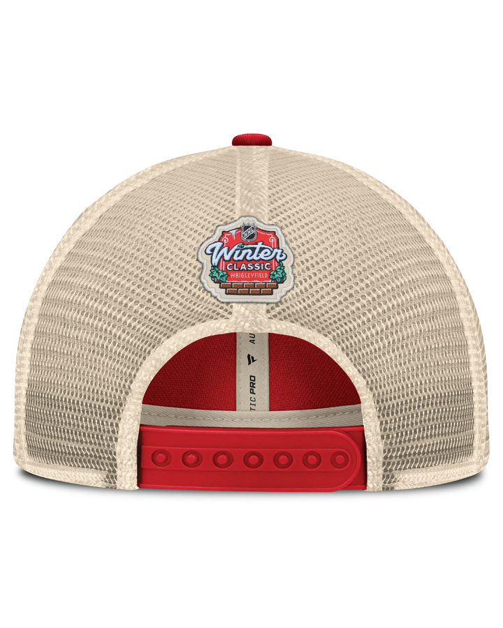 red and cream Fanatics trucker with Chicago Blackhawks Winter Classic logo on front - back lay flat