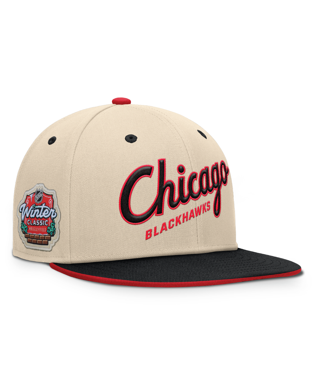 cream and black flat brim Fanatics hat with Chicago Blackhawks script wordmark on front and Winter Classic logo - right angle lay flat