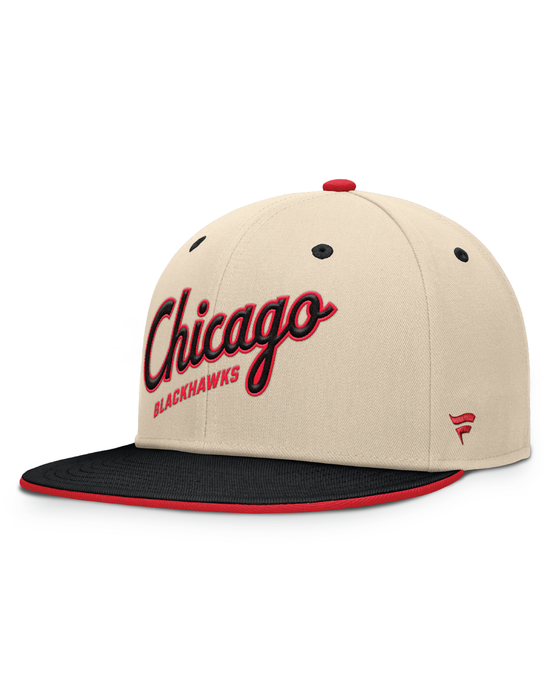 cream and black flat brim Fanatics hat with Chicago Blackhawks script wordmark on front and Winter Classic logo - left angle lay flat