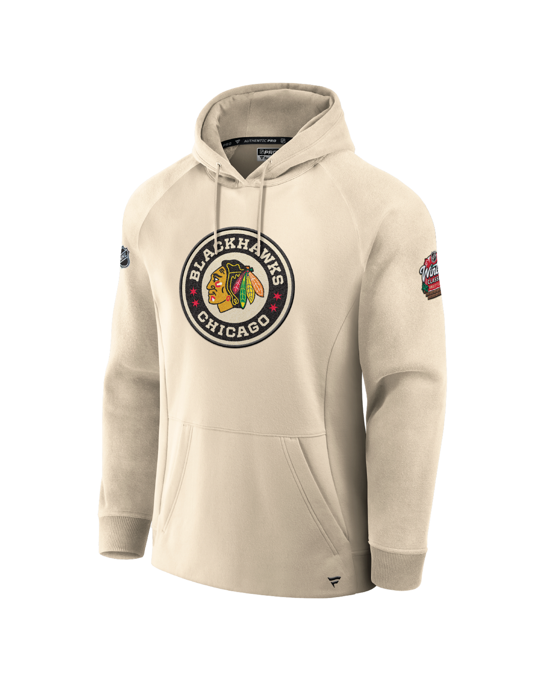 Fanatics Authentic Pro beige hoodie with Chicago Blackhawks Winter Classic logo on front - front ghost image