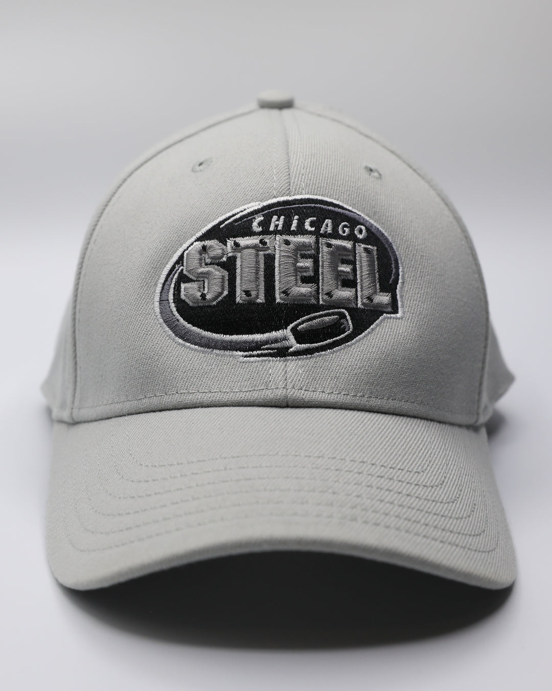 grey adjustable hat with tonal Chicago Steel logo embroidered on front - front lay flat