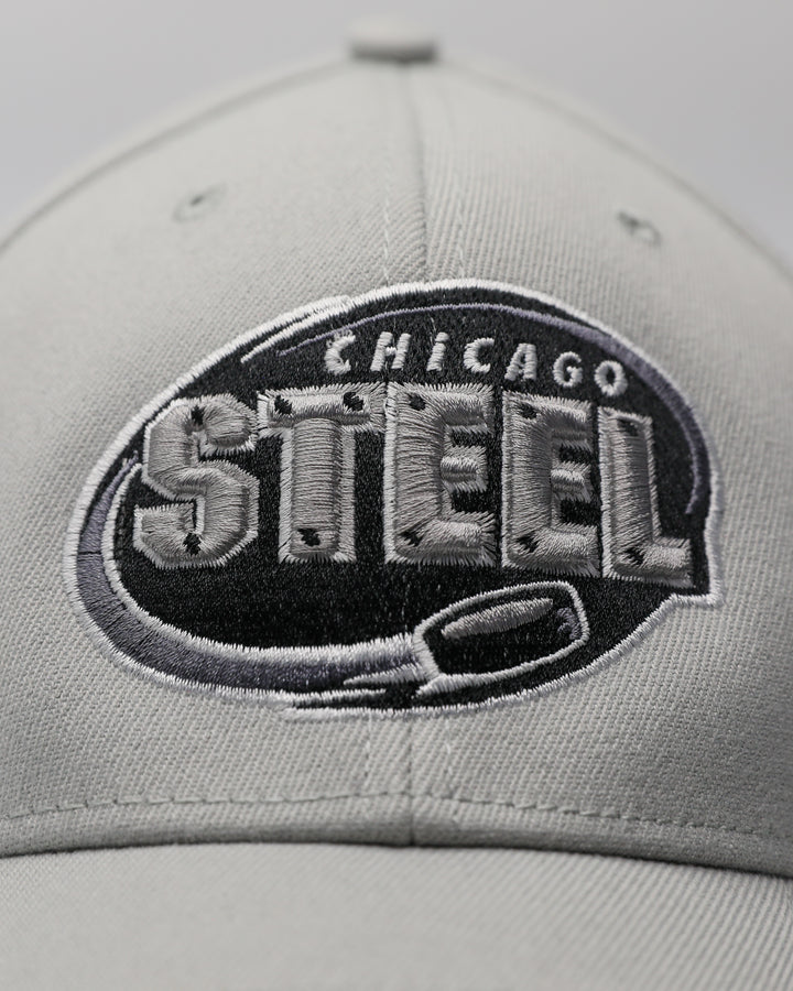 grey adjustable hat with tonal Chicago Steel logo embroidered on front - front detail lay flat