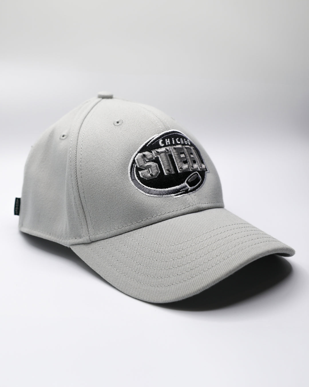 grey adjustable hat with tonal Chicago Steel logo embroidered on front - right angle lay flat