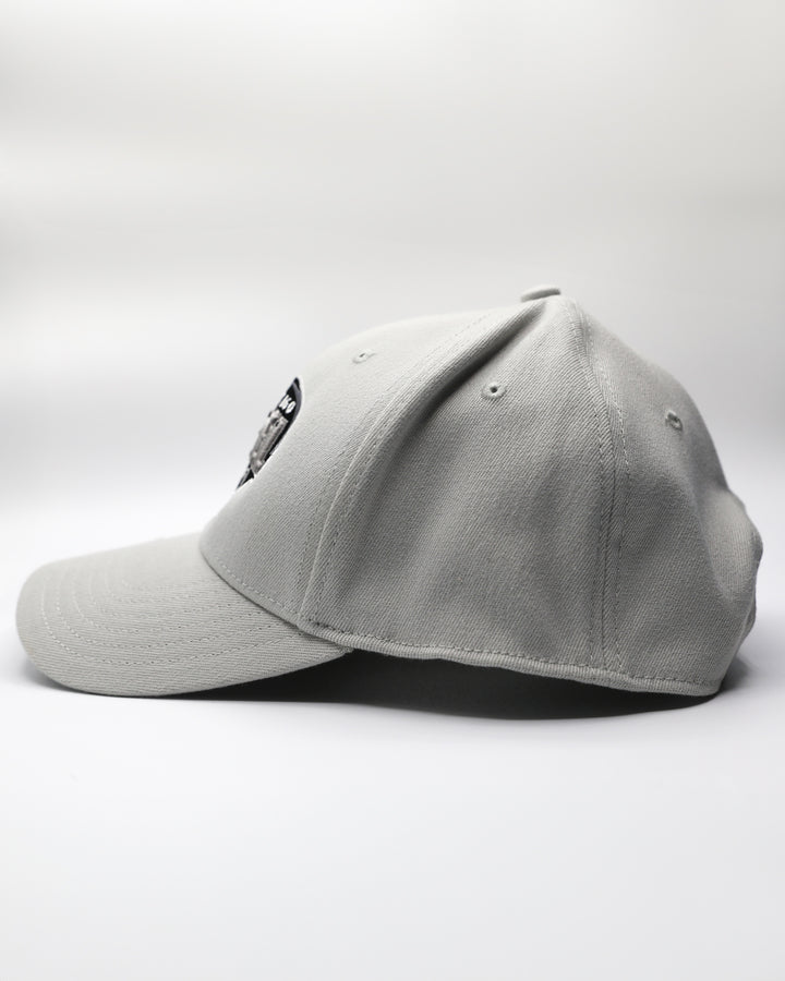 grey adjustable hat with tonal Chicago Steel logo embroidered on front - left side lay flat