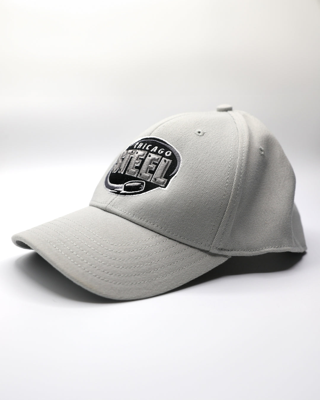 grey adjustable hat with tonal Chicago Steel logo embroidered on front - left angle lay flat