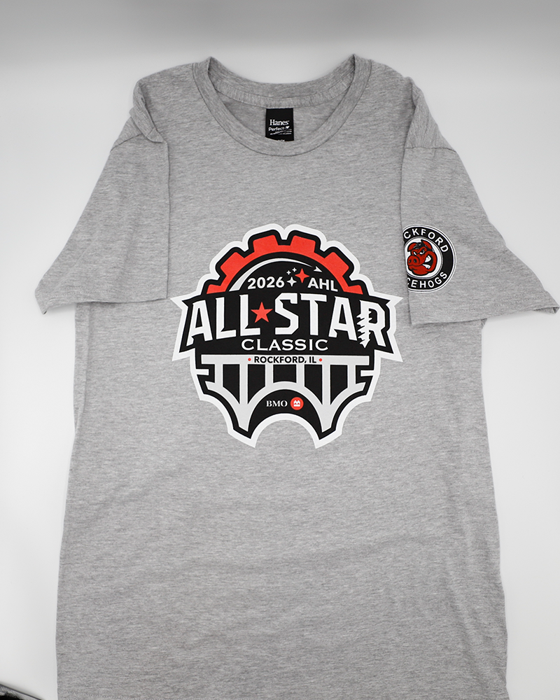 grey short sleeve tee with Rockford IceHogs primary logo on left sleeve and 2026 AHL All Star Classic graphic on front - front lay flat