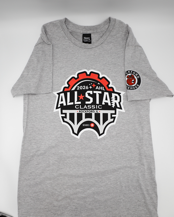 grey short sleeve tee with Rockford IceHogs primary logo on left sleeve and 2026 AHL All Star Classic graphic on front - front lay flat