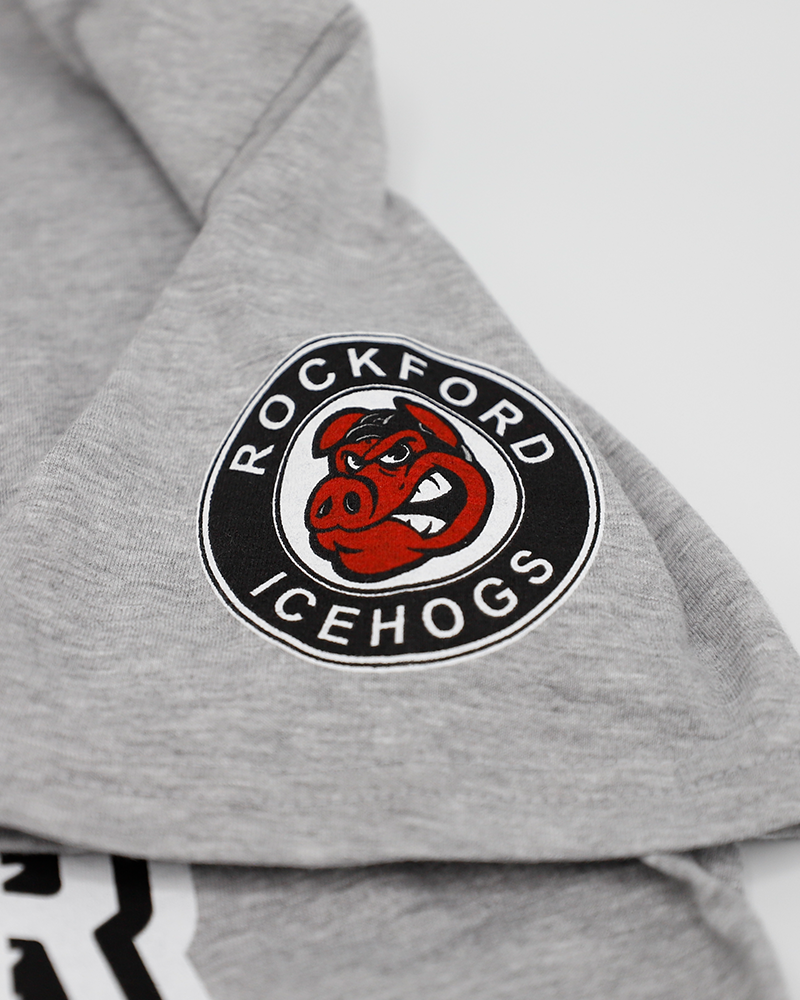 grey short sleeve tee with Rockford IceHogs primary logo on left sleeve and 2026 AHL All Star Classic graphic on front - shoulder detail lay flat