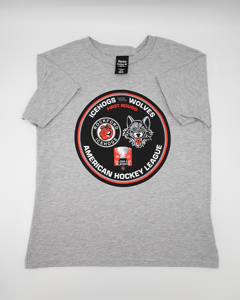 grey youth short sleeve tee with AHL Calder Cup Playoff graphic of Rockford IceHogs vs Chicago Wolves on front - front lay flat