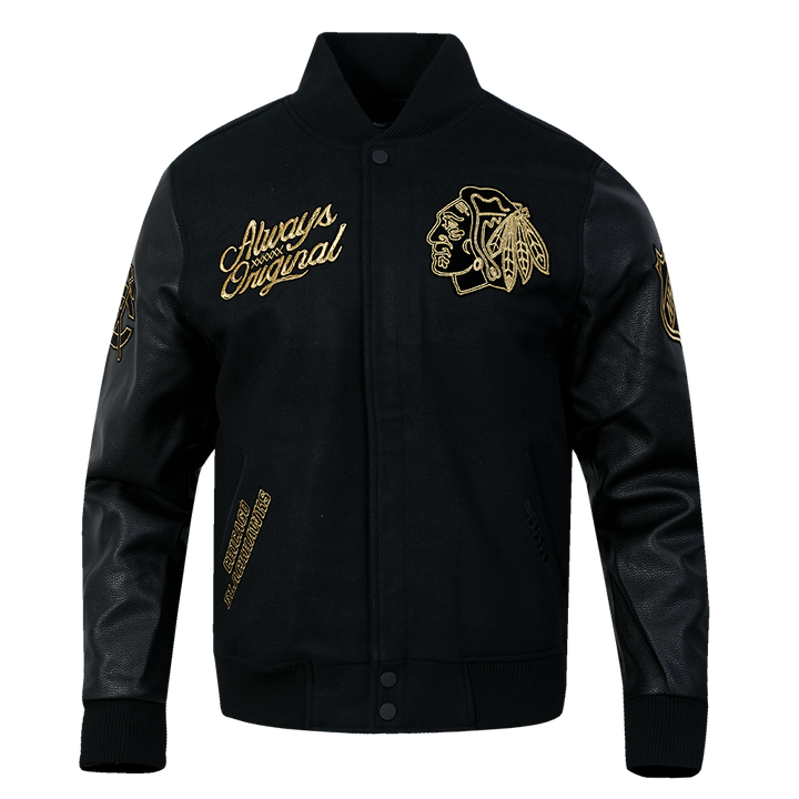 Pro Standard Chicago Blackhawks Centennial Black & Gold Wool Varsity Jacket
