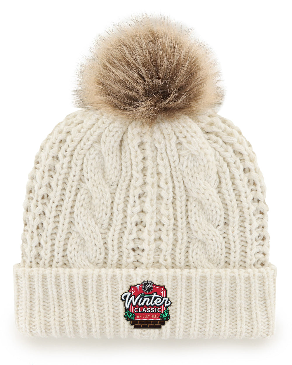 white '47 brand knit beanie with brown pom and Chicago Blackhawks Winter Classic logo on front cuff and logo on back - back lay flat