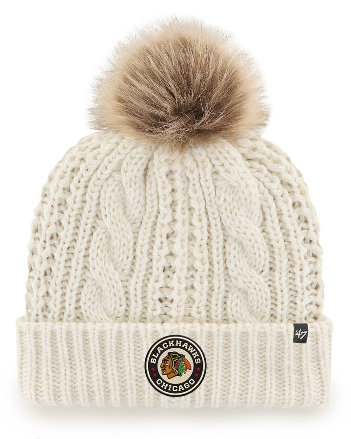 white '47 brand knit beanie with brown pom and Chicago Blackhawks Winter Classic logo on front cuff and logo on back - front lay flat