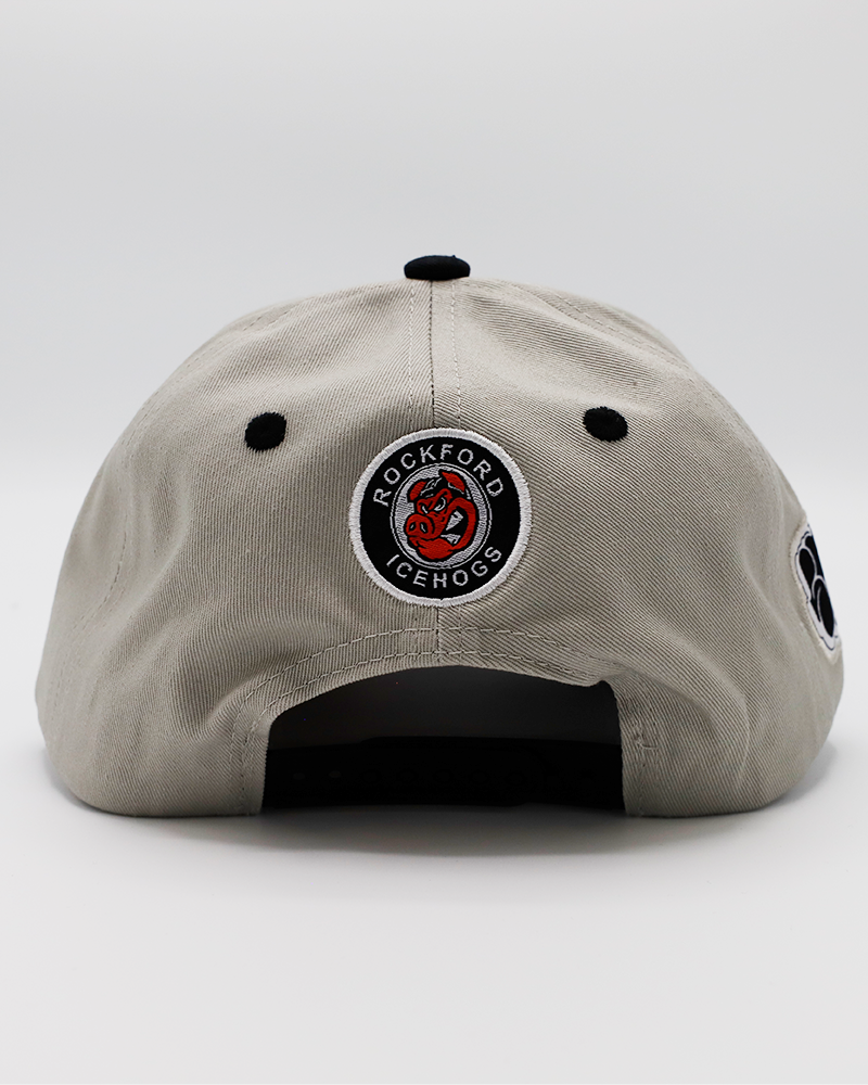 grey and black Rockford IceHogs adjustable hat part of artist series designed by Ryan Lape - back lay flat