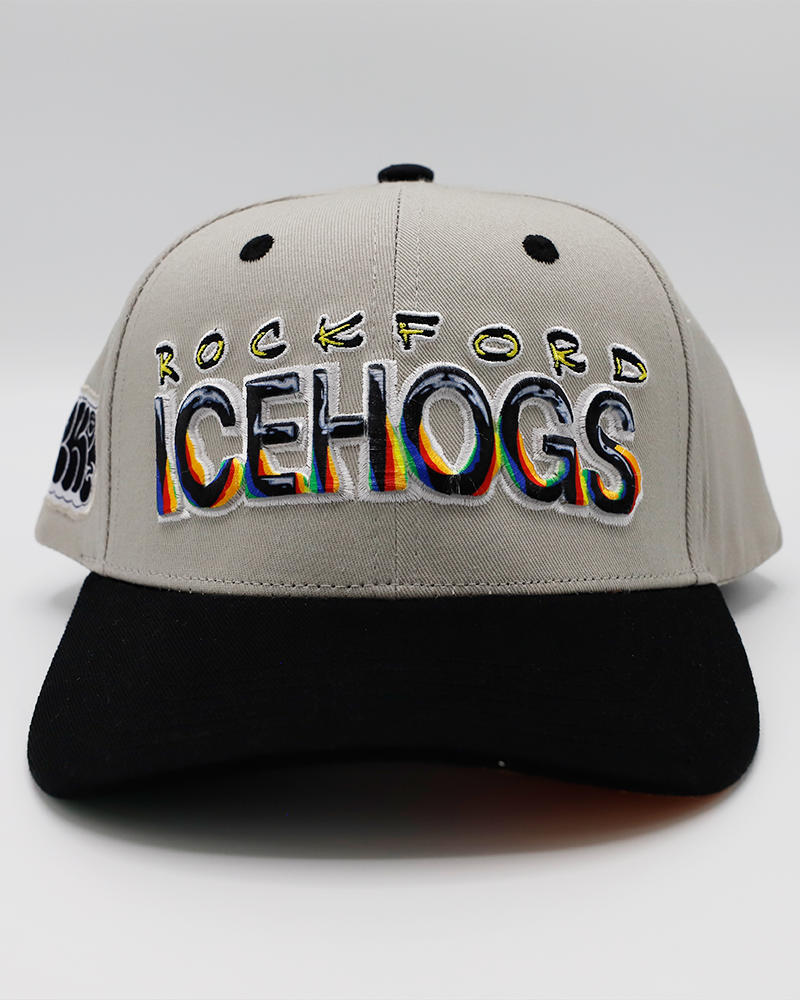 grey and black Rockford IceHogs adjustable hat part of artist series designed by Ryan Lape - front lay flat