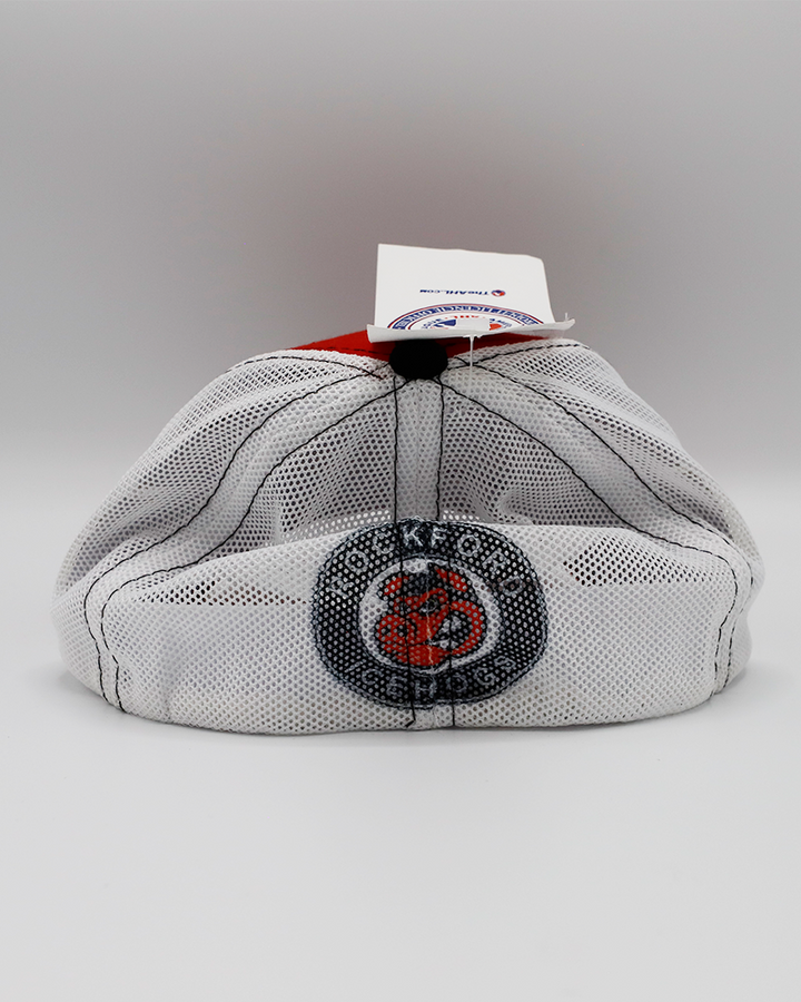 red youth Rockford IceHogs adjustable trucker cap with embroidered Hammy on front and IceHogs logo on back - back lay flat